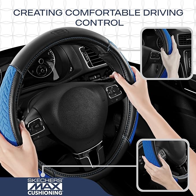 Skechers Steering Wheel Cover,Max Cushioning Leather Steering Wheel Cover Universal Fit 14" 1/2-15" Car Wheel Protector for Men Women Fit Suvs,Vans,Sedans,Car,Trucks,Blue