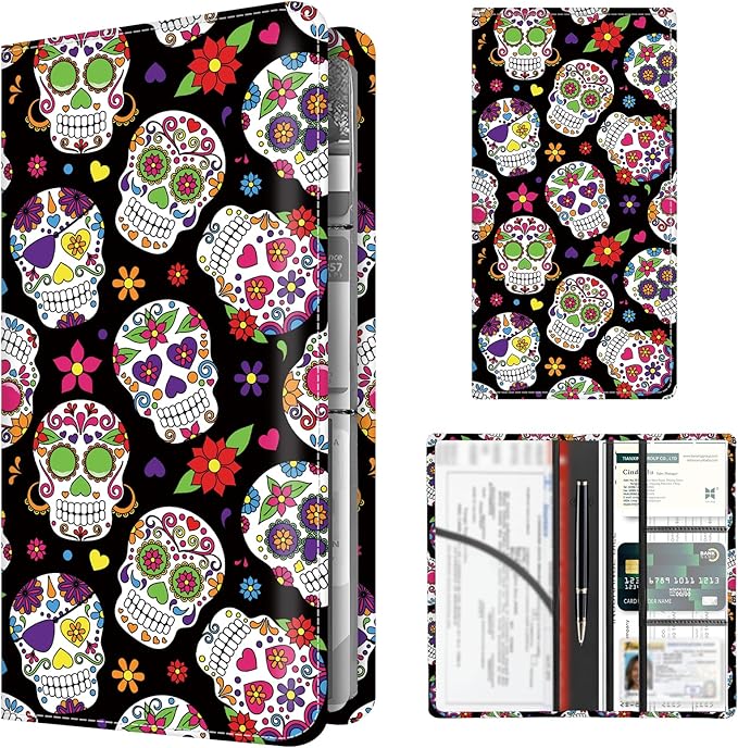 BAUCIWLD Premium Car Registration and Insurance Card Holder, Cute PU Leather Car Document Holder, Vehicle Glove Box Car Organizer with Magnetic Closure for Driver License, Cards Floral Skull