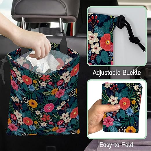 NHNXHWIA Colorful Flowers Car Garbage Bag,Waterproof Small Car Trash Bag Hanging Back of Seat,Drawstring Hanging Car Trash Bag with Adjustable Buckle for Car Accessories