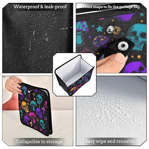 Car Trash Can Organizer Bin with Adjustable Strap for Back Front Seat Console Waterproof Leakproof Collapsible Portable 8.66 Inch Neon-colored Skulls Stars Mushrooms