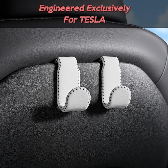 Car Seat Hooks for Tesla Model Y(Juniper) Model 3(Highland), Leather-Wrapped with Stainless Steel Core & Handmade Stitching, Purse Hanger Bag Holder, Automotive Seat Back Organizers (White-2 Pack)