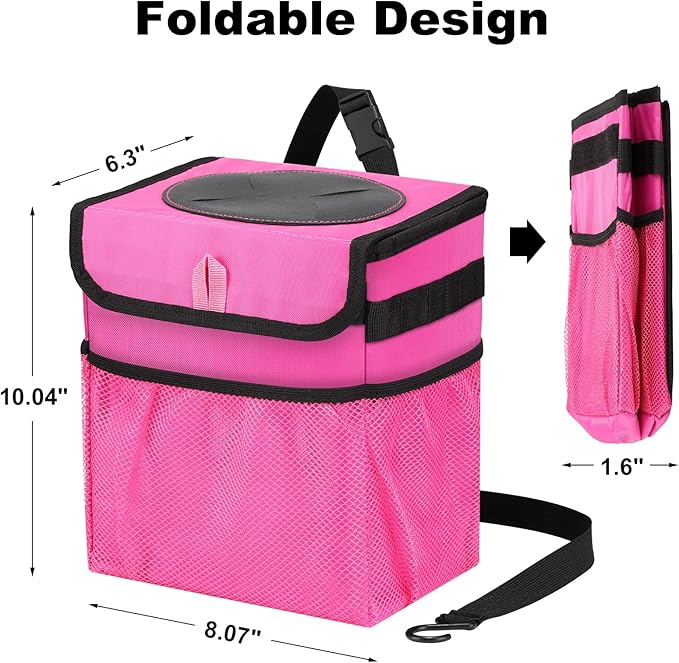 GPUSFAK Car Trash Can Foldable Garbage Bin Leakproof 2.3 Gallons Car Trash Bag Pink