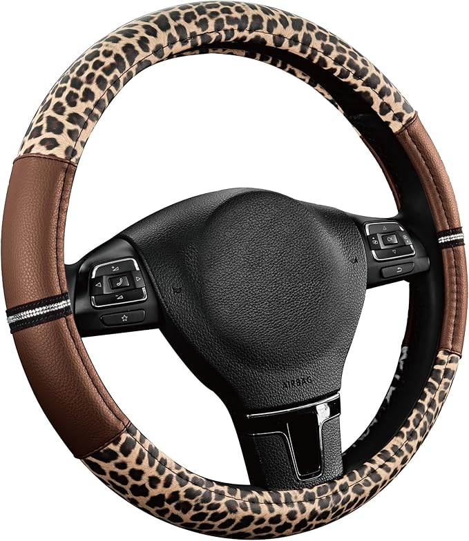 Road Comforts Leopard Steering Wheel Cover - Made with PVC Leather Cheetah Print - Anti-Slip, Universal Fit 14 1/2 inches to 15 inches - Brown
