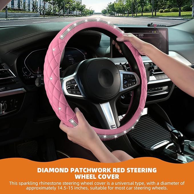 Diamond Steering Wheel Cover，14.5-15 Inch Car Steering Wheel Cover with Bling Crystal Rhinestone，Delicate and Anti-Slip Sparkly Car Wheel Protector for Women Girl，Pink
