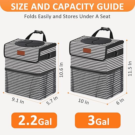 Vankor 3 Gallons Car Trash Can with Lid, Car Trash Bag Bin Hanging Waterproof Automotive Garbage Cans Leak Proof Vehicle Trash Can Stripe