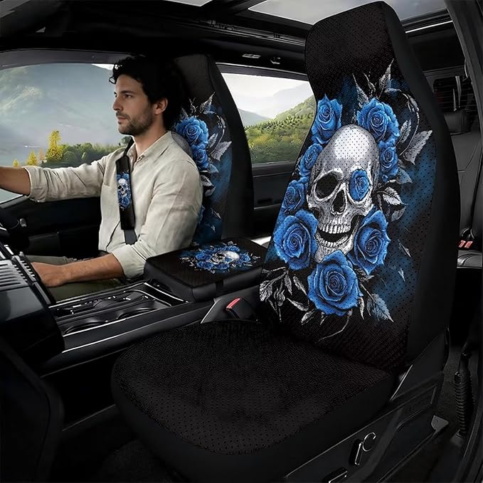 Qeluxign 5 Piece Car Seat Covers Full Set for Men Women Blue Rose Skull PU Leather Front Seats Cover Auto Seatbelt Shoulder Pads Vehicle Center Console Armrest Cover