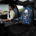 Qeluxign 5 Piece Car Seat Covers Full Set for Men Women Blue Rose Skull PU Leather Front Seats Cover Auto Seatbelt Shoulder Pads Vehicle Center Console Armrest Cover