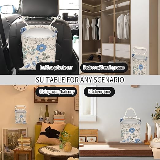 AUEKLLW Car Trash Can, Hanging Garbage Bin for Men and Women, Cute Car Organizer and Storage Bag, Canvas Vehicle Trash Can Bag Easy-to-Install Boho Blue Floral
