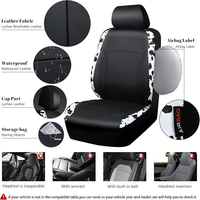 CAR-PASS Cow Print Car Accessories Sets Faux Leather Car Seat Covers & Cow Car Mats & Cow Steering Wheel Cover Seat Belt Pads Universal fit for SUV,Van,Saden,Truck Cute Automobile Interior Sets Women