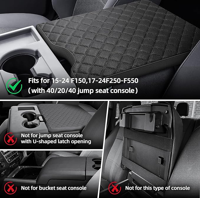 Center Console Cover Compatible with Ford F150 2015-2025,2017-2025 F250 F350 F450 with 40/20/40 Jump Seat Armrest Accessories, Leather Armrest Cover Protector (Jump Seat Console Only)