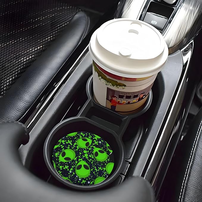 HUWAAI Alien Glaxy Sky Green Car Cup Holder Coasters 2 Pack Universal 2.63 Inch Anti Slip Ceramic Absorbent Coaster with Cork Base and Finger Notch Cute Car Accessories Interior for Women
