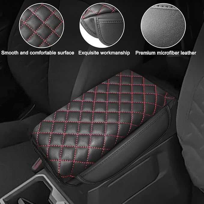 1.2in Thickness Center Console Cover for Tacoma Accessories 2024 2025 2026 Armrest Cover Leather Armrest Box Lid Protector Cushion Pad with Pockets Interior (Red Stitch)