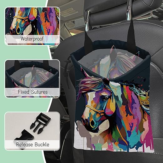 NHNXHWIA Colorful Horse Car Garbage Bag,Pop Art Horse Waterproof Small Car Trash Bag Hanging Back of Seat,Drawstring Hanging Car Trash Bag with Adjustable Buckle for Car Accessories