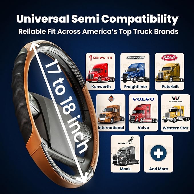Vyonix 18 Inch Semi Truck Steering Wheel Cover – Premium Leather Grip for Big Rigs & Long-Haul Drivers – Anti-Slip, Breathable Comfort – Durable semi Truck Accessories for Drivers – Brown