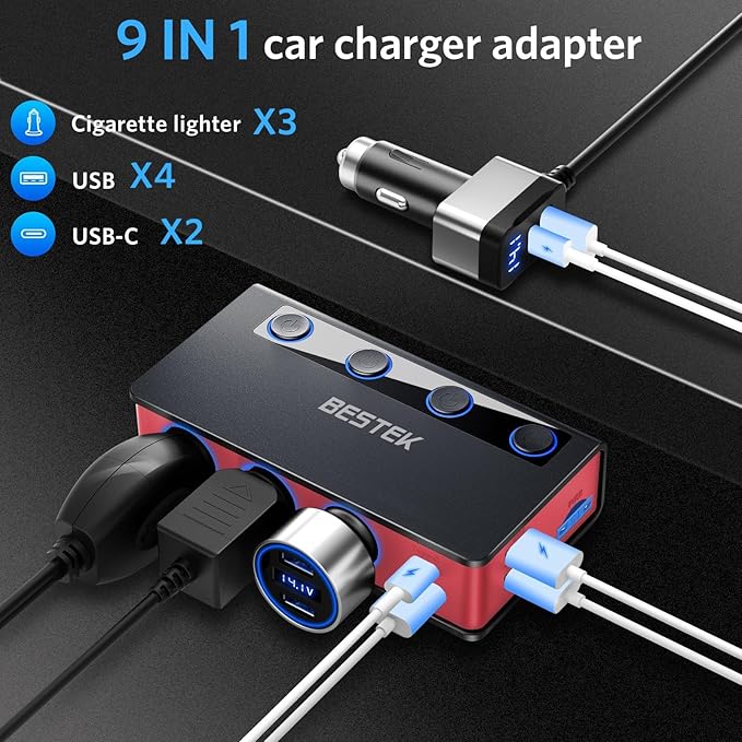BESTEK 9in1 Cigarette Lighter Splitter with180W 3-Socket PD36W/65W Car Adapter and QC3.0 18W Charging Ports,Independent Output Power, LED Display Super Fast Charger for Truck/SUV/Camping/iPhone 17