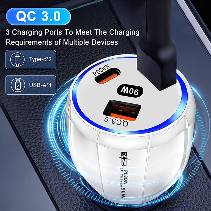 Amiss Car Charger Adapter, 3 Port USB-C & USB-A 90W Fast Charger, Car Interior Accessories, Essential Travel Gifts for Men and Women, Fit for iPhone 17/16/15/14/13Pro Max, Samsung, Android (White 1pc)