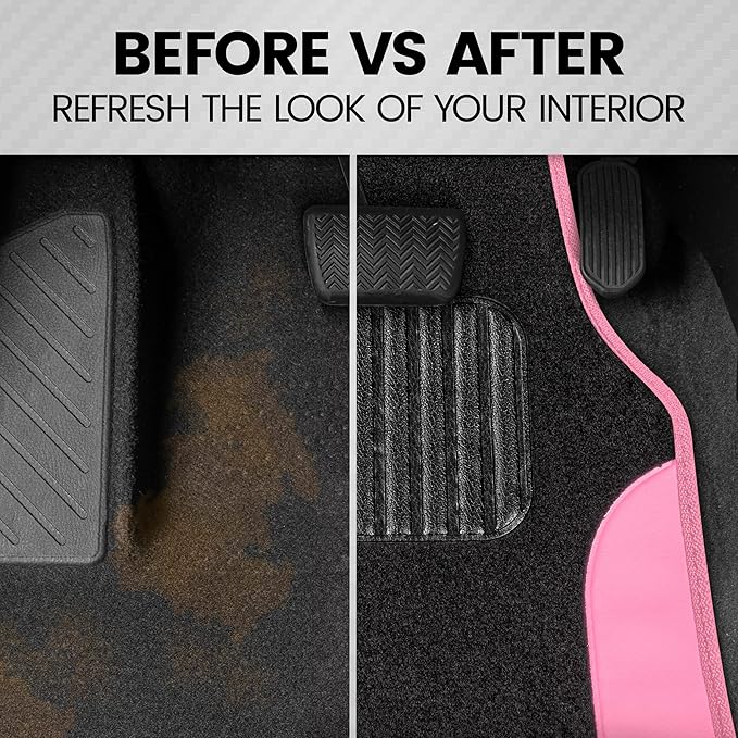 BDK Pink Carpet – Two-Tone Faux Leather Automotive Floor Mats, Included Anti-Slip Features and Built-in Heel Pad, Stylish for Cars Truck Van SUV, MT202