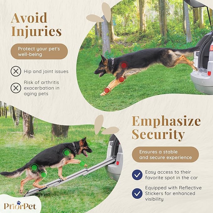 Dog Ramp for Car - Stable Anti-Slip Dog Car Ramp for Large Dogs - 63" Long & 15" Wide - 250LBS Capacity - Telescoping Pet Ramp - Lightweight - Reflective Sides - Fixing Clip - Shadow Gray