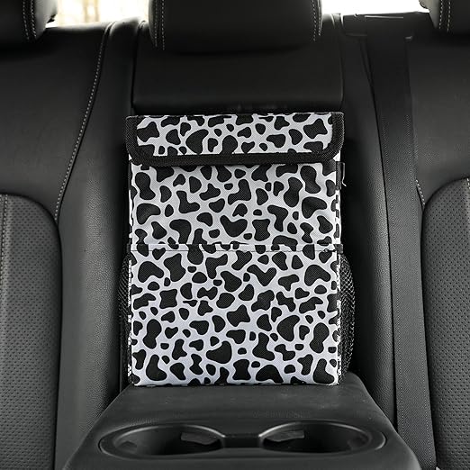 Car garbage can with lid Leak Proof Vehicle Trash Can 3 Storage Pockets Hanging Waterproof car trash bag for suv cow