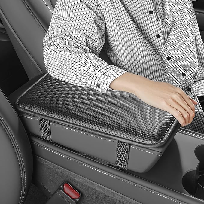 HighnessHwoo Car Armrest Covers, Vehicle Center Console Cover, Middle Storage Pad, Dog & Cat Paws Protetor, Carbon Fiber PU Leather, Waterproof, Anti-slip, Auto Interior Accessories, Black, Large Size