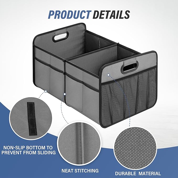 Simple Deluxe Car Trunk Organizer for SUV, Collapsible 2 Compartment 50L Automotive Storage Box with 5 Pocket, 600D Waterproof Oxford Polyester & Non Slip Bottom, Reinforced Handle, Grey, 2 Pack