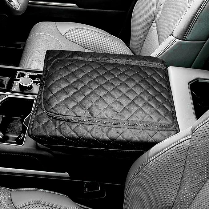 SENSHINE Center Console Armrest Cover for Toyota Tundra 2022-2026/Sequoia 2023-2026 Armrest Seat Stroage Box Cushion Lid Protector Pad with Zipper Leather Interior Accessories, Black Stitch