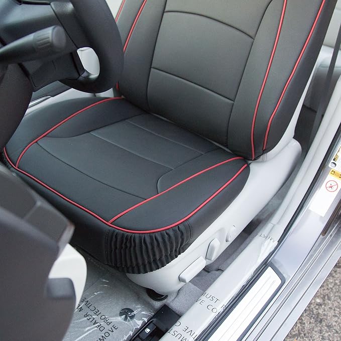 FH Group Ultra Comfort Highest Grade Faux Leather Full Set Car Seat Cushions– Universal Fit for Cars Trucks & SUVs (Black Red Trim)