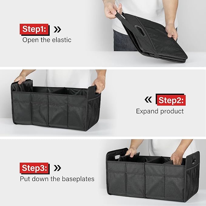 Simple Deluxe Trunk Organizer for Car/SUV, Foldable 2 Compartment 50L Car Storage, 600D Waterproof Oxford Polyester Car Storage Organizer, Anti-Slip & Leak-Proof Car Accessories for Travel, Black