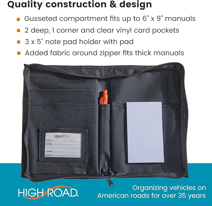 High Road Glove Compartment Organizer - Owners Manual Case and Glove Box Document Holder for Registration and Insurance Cards and Paperwork - Secure Zippered Case with Pen Holder and Note Pad, 6-pack