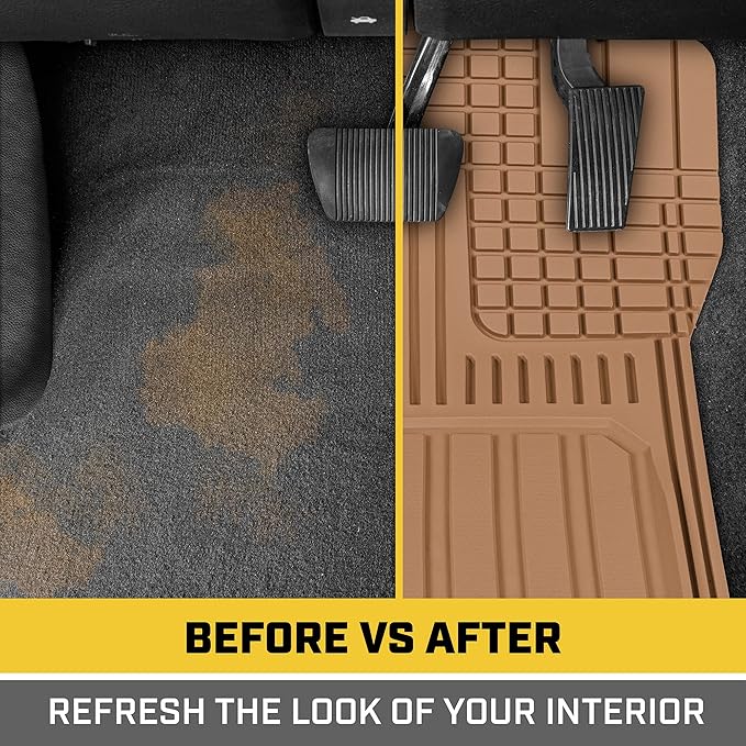 Cat® ToughLiner Heavy Duty Rubber Floor Mats & Cargo Trunk Liner for Car SUV Van Sedan, Beige - Trim to Fit, All Weather Deep Dish Automotive Floor Mat, Total Dirt Protection