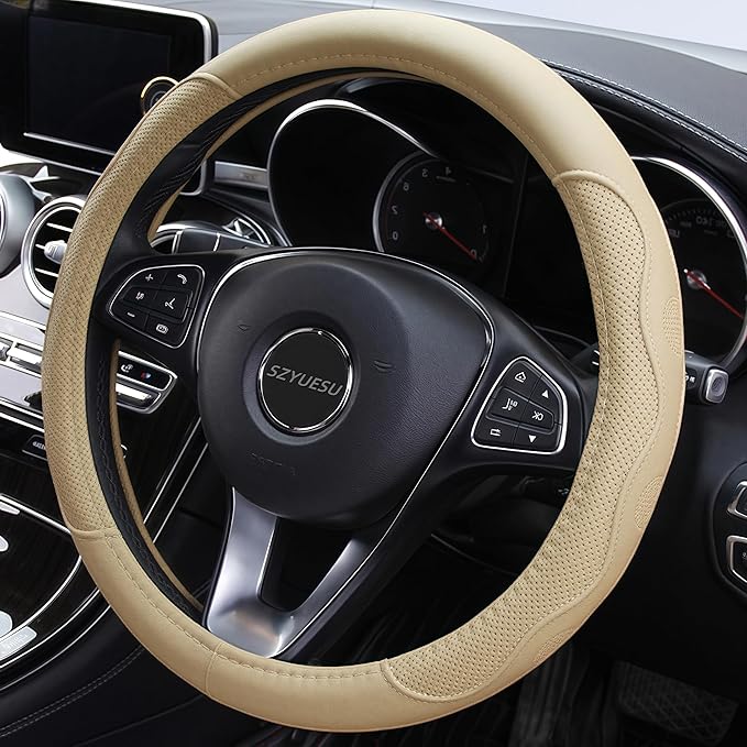 Leather Car Steering Wheel Cover with Anti-Slip Lining Universal 14.5-15 Inch (37-38 cm) Auto Microfiber Protector, Car Accessories for Most Cars, SUVs | Beige
