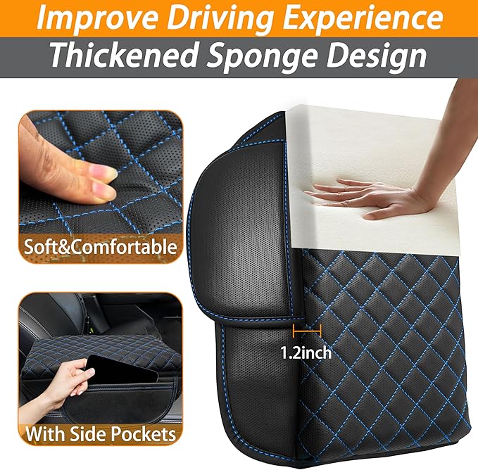 Center Console Cover for Ford Explorer 2026 2025 2020-2024 Accessories 1.2in Thickness Armrest Cover Leather Arm Rest Box Lid Protector Cushion Pad Middle Console Cover with Side Pockets (Blue Stitch)