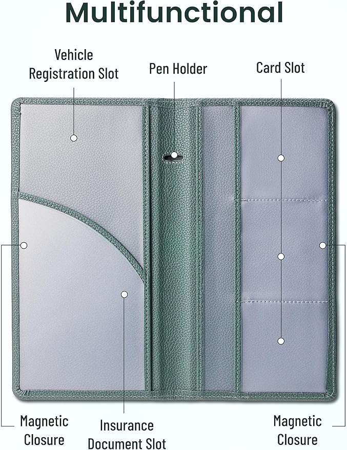 Yarnic Car Registration and Insurance Holder, Car Document Holder with Magnetic Closure, Registration and Insurance Card Holder Car Organizer Glove Box Compartment Organizer for Men Women (Grey Green)