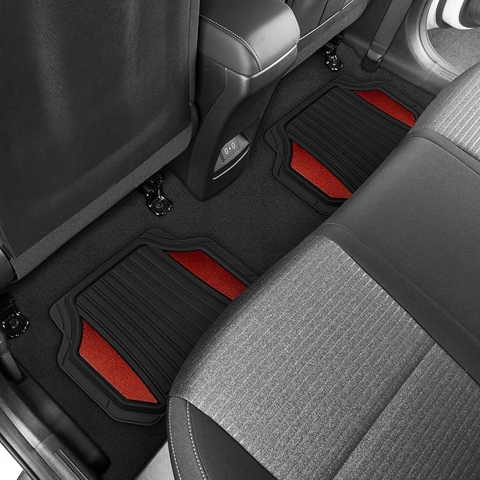 Motor Trend ChromeTech Car Floor Mats Full Set - Durable Rubber Floor Mats for Cars with Two Tone Accent, All Weather Interior Protection for Front and Rear with Non-Slip Backing, Red Chrome