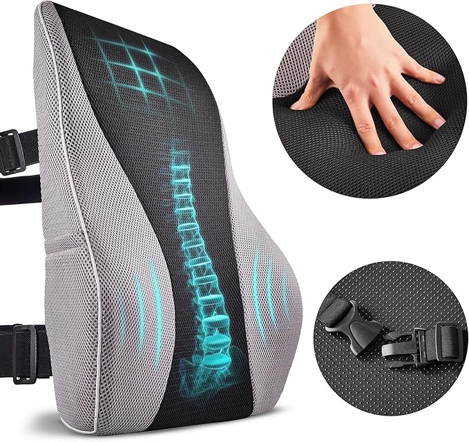 TULARIS Extra Dense Lumbar Pillow with Double Adjustable Straps - Ergonomic Lumbar Support Pillow for Office Chair, Car, Couch Firm Back Support for Lower Back & Spine Pain Relief Memory Foam Cushion