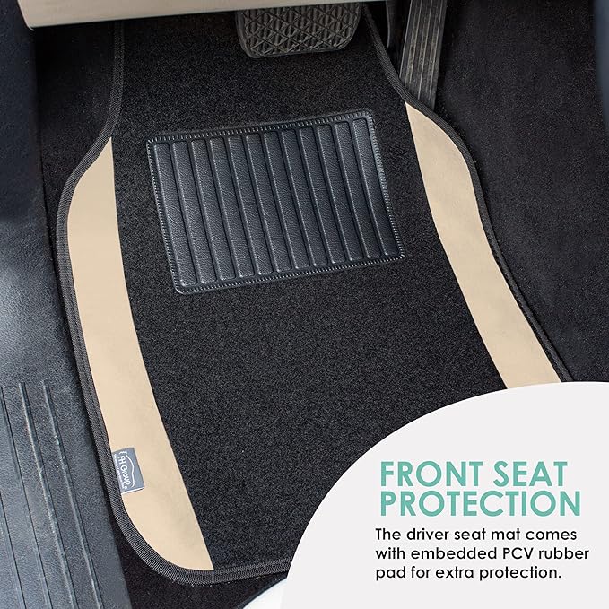 FH Group Automotive Floor Mats – Universal Fit Premium Carpet Car Mats with Driver Heel Pad, Full Set for Cars, SUVs & Trucks - Beige