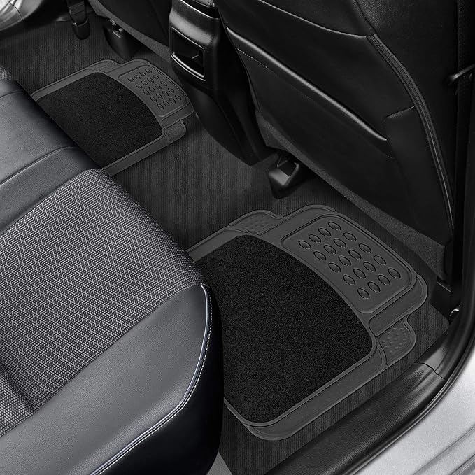 BDK HybridMat Automotive Rubber & Carpet Floor Mats, Front & Rear Seat Mat Set of Interior Liners for Car Sedan SUV Van, Heavy Duty All Weather, Semi-Trim to Fit, Black