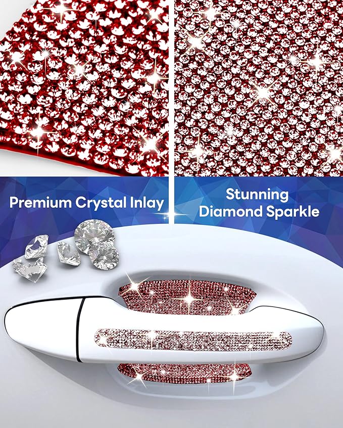 Bling Car Door Handle Protector, 10 PCS, Red Sparkling Rhinestone Cars Door Protective Cover, Anti-Scratch Auto Handles Sticker, Universal Bling Car Accessories for Women