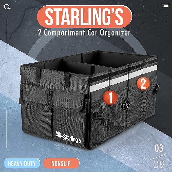 Starling's Car Trunk Organizer Super Strong, Foldable Storage Cargo Box for SUV, Auto, Truck Nonslip Waterproof Bottom, Fits any Vehicle, Come w Adjustable TieDown Straps W LID (Black, 2