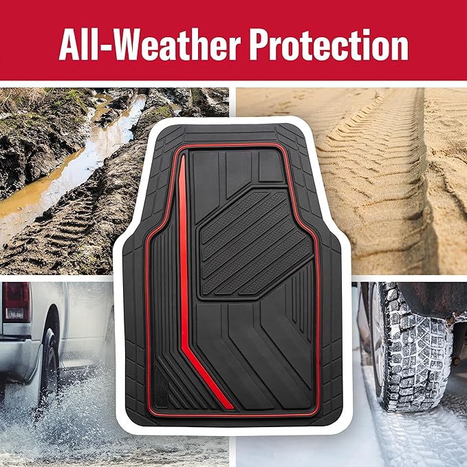 Dickies 3-Piece DuraSport Floor Mats, Heavy-Duty Mats for Cars, Trucks, SUVs — Black/Red