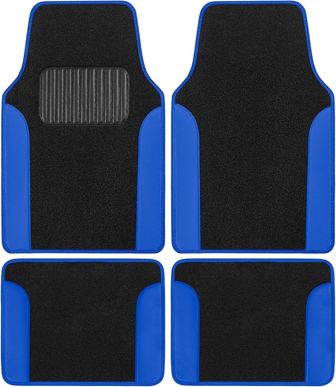 BDK Carpet Floor Mats for Cars, Two-Tone Carpet Car Mat with Faux Leather Accents, Automotive Floor Mat Sets with Built-in Heel Pad, Stylish Interior Car Accessories Blue