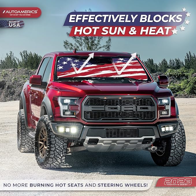 Autoamerics 1-Piece Windshield Sun Shade USA Art Flag - 2 American Design - Foldable Car Front Window Sunshade for Most Sedans SUV Truck - Blocks Max UV Rays and Keeps Your Vehicle Cool - Small