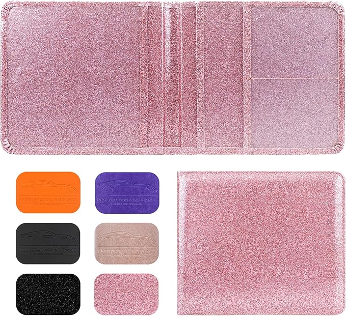 LumiMokki Car Registration and Insurance Holder, Leather Registration and Insurance Card Holder, Vehicle Glove Box Organizer - For Documents, Cards, License (Bling Rose Gold)