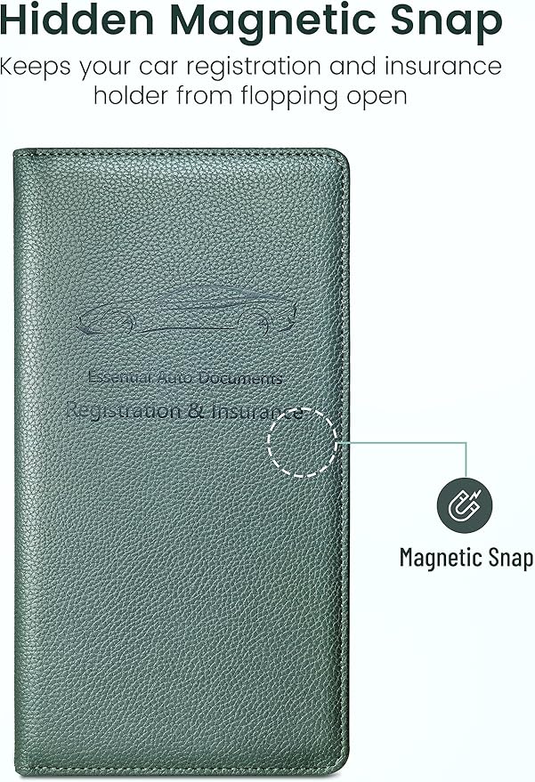 Yarnic Car Registration and Insurance Holder, Car Document Holder with Magnetic Closure, Registration and Insurance Card Holder Car Organizer Glove Box Compartment Organizer for Men Women (Grey Green)
