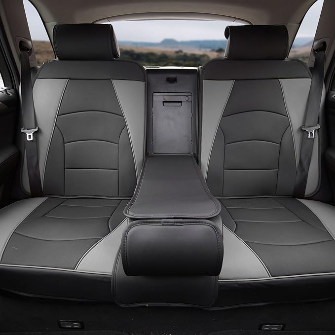FH Group Car Seat Cover for Back Seat Gray Black Faux Leather - Universal Fit, Rear Seat Covers for Cars with Rear Split Bench, Car Seat Cushions, Car Interior Accessories for SUV, Sedan, Van