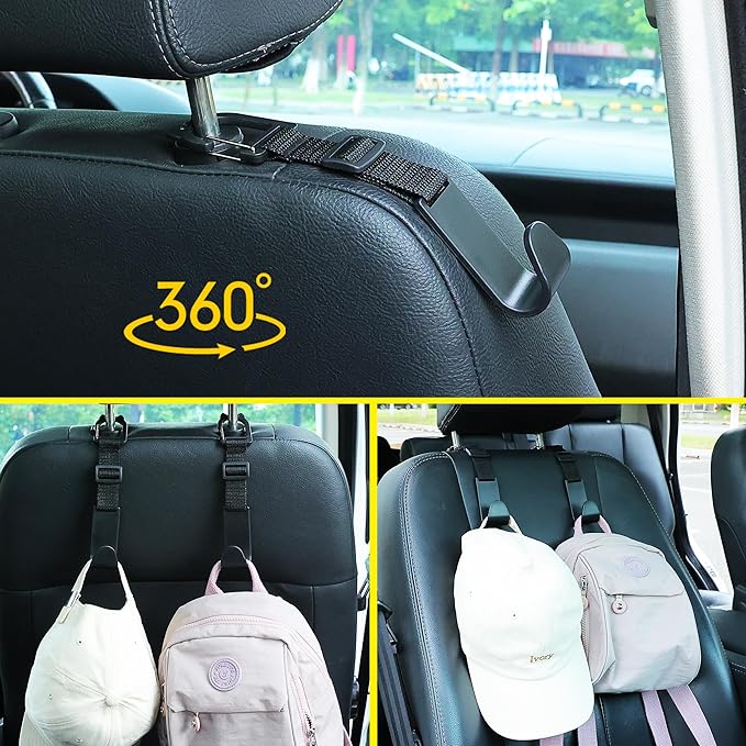 Amooca Car Headrest Hooks 4 Pack Adjustable Universal Fit Auto Seat Back Organizer Storage Hanger Purse Bags Holder with Clip Black
