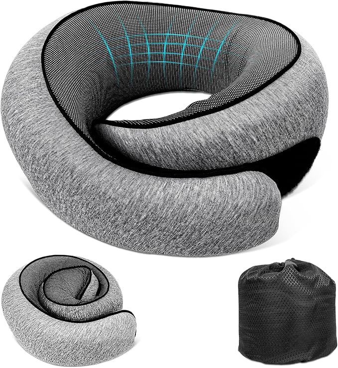 GongPath Travel Neck Pillow for Airplanes, 100% Memory Foam Neck Pillow for Sleeping, 360° Neck Support Pillow, Compact and Ergonomic Design for Travel, Car Rides, Airport (Dark Grey)