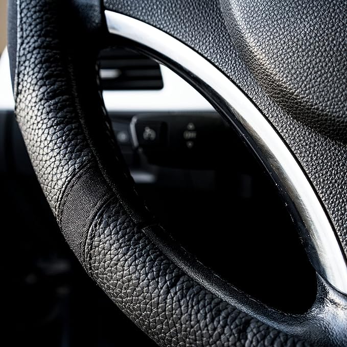 Gorla Gear Black Leather Neoprene Steering Wheel Cover Women Men, Easy Fast Installation, Universal Fit 14.5 15 15.5 Inch, Anti-Slip Safer Grip Car Accessories for Automobile Truck SUV Van