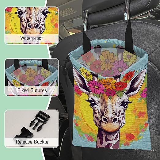 NHNXHWIA Cute Giraffe Car Garbage Bag,Splash Floral Waterproof Small Car Trash Bag Hanging Back of Seat,Drawstring Hanging Car Trash Bag with Adjustable Buckle for Car Accessories