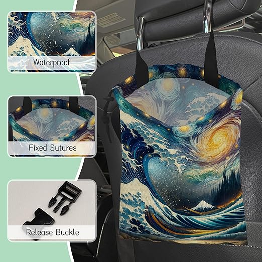 NHNXHWIA Sea Wave Car Trash Bag,Night Starry Sky Hanging Drawstring Car Garbage Bag,Waterproof Canvas Car Back Seat Organizer with Adjustable Buckle,for Vehicles,SUVs,Camping,Road Trips